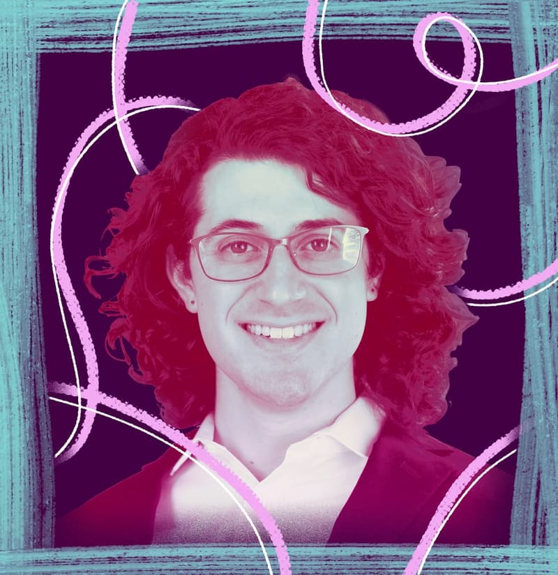 Aidan Klein, smiling, in a duotone pink and teal portrait